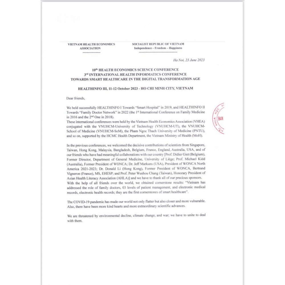 本會張理事長將於10月11-12日應越南健康經濟學會邀請，代表本會參加數所越南頂尖大學聯合舉辦的2023年第三屆健康資訊HealthINFO III 國際會議。